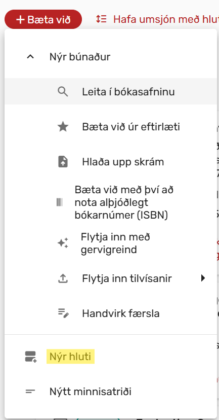 Mynd sem sýnir smellt á Bæta við og svo Nýr hluti