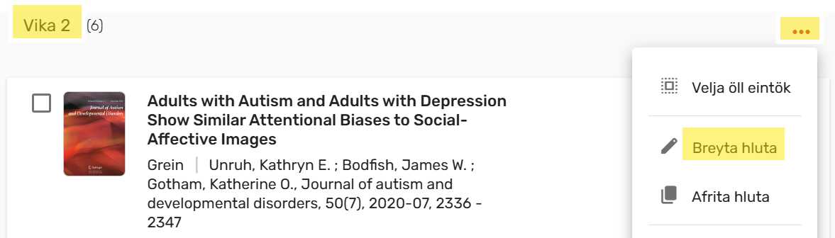 Mynd sem sýnir smellt á punktana þrjá við hlutinn og valið Breyta hluta