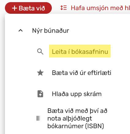 Mynd sem sýnir smell á hnappinn Bæta við og svo Leita í bókasafninu