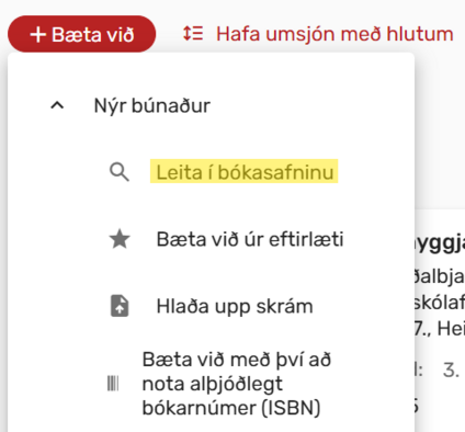 Mynd af smelli á Bæta við og Leita í bókasafninu