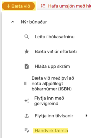 Mynd sem sýnir smella á bæta við og svo Handvirk færsla