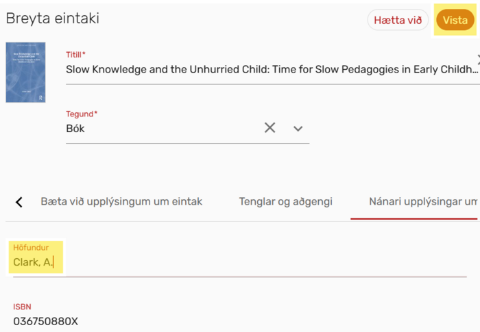 Mynd sem sýnir breytingagluggann